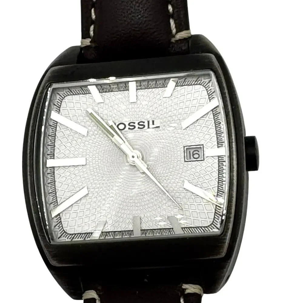 FOSSIL Vintage Quartz Stainless Steel Silver Watch Black Leather Band y2k Dakota